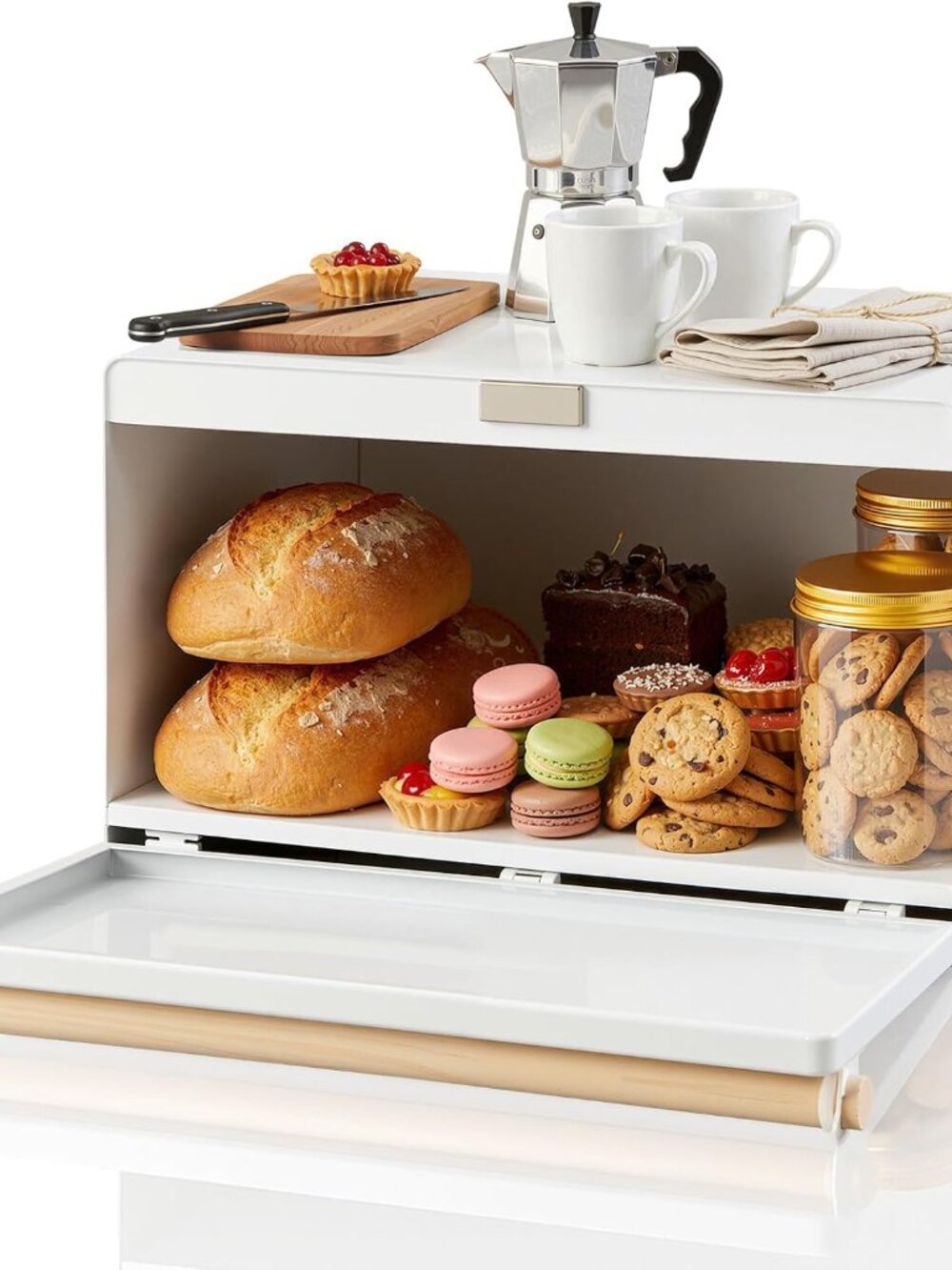 Maxdot Metal Bread Box – Steel Countertop Storage – Round Wood Handle – White